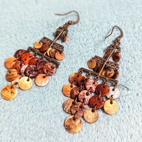 Vintage Coppery Orange Mother of Pearl Dangle Drop Pierced Earrings - Picture 7 of 8